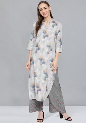 Grey Floral Print Blended Straight Kurta Set