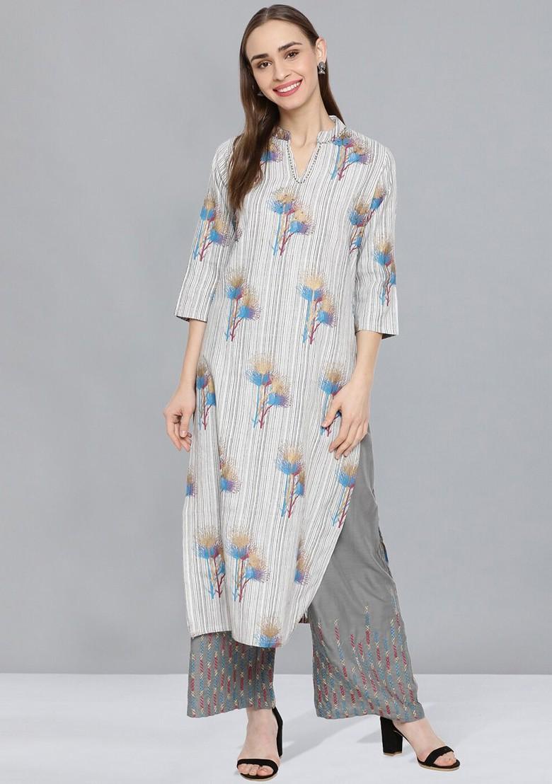 Grey Floral Blend Beads And Stones Kurta With Palazzos