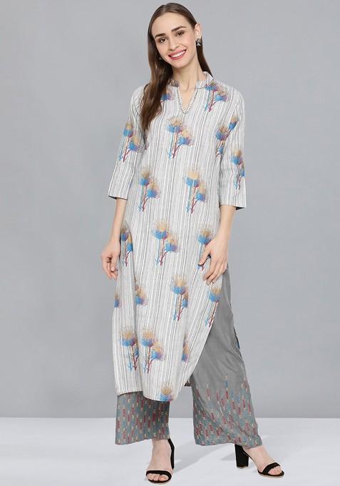 Grey Floral Print Blended Straight Kurta Set