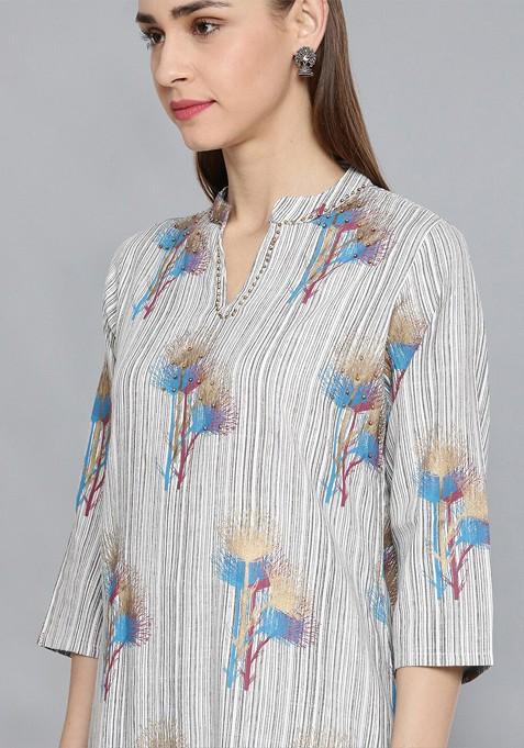 Grey Floral Blend Beads And Stones Kurta With Palazzos