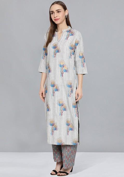Grey Floral Blend Beads And Stones Kurta With Palazzos