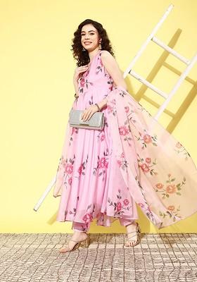 Pink Floral Print Pleated Gota Patti Kurta With Trousers