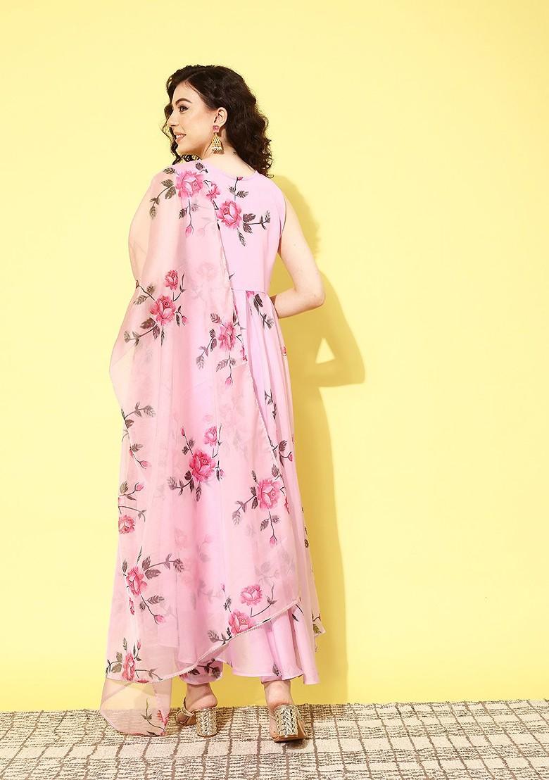 Pink Floral Print Pleated Gota Patti Kurta With Trousers