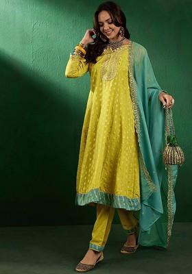 Yellow Embroidered A Line Kurta With Trouser And Dupatta