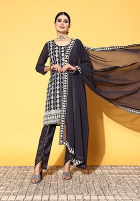 Blue Sequin Chikankari Embroidered Kurta With Trousers And Dupatta