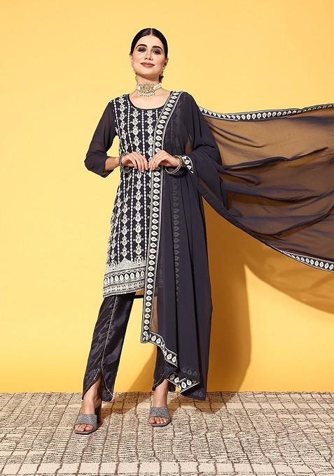 Blue Sequin Chikankari Embroidered Kurta With Trousers And Dupatta