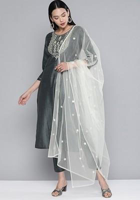 Grey Embroidered Regular Sequin Kurta With Trousers And With Dupatta