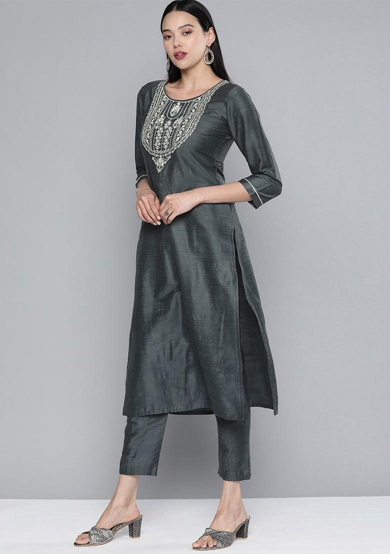 Grey Embroidered Regular Sequin Kurta With Trousers And With Dupatta