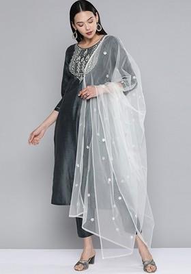 Grey Floral Sequin Embroidered Kurta With Trousers And Dupatta
