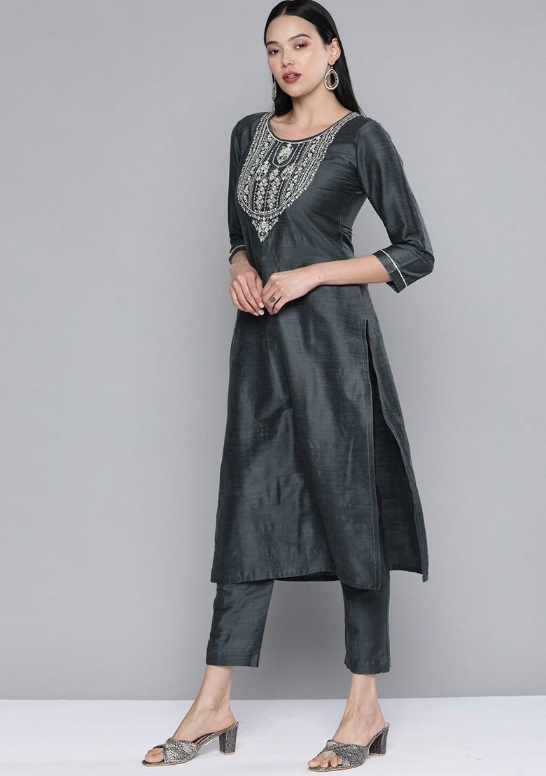 Grey Floral Sequin Embroidered Kurta With Trousers And Dupatta - Indya
