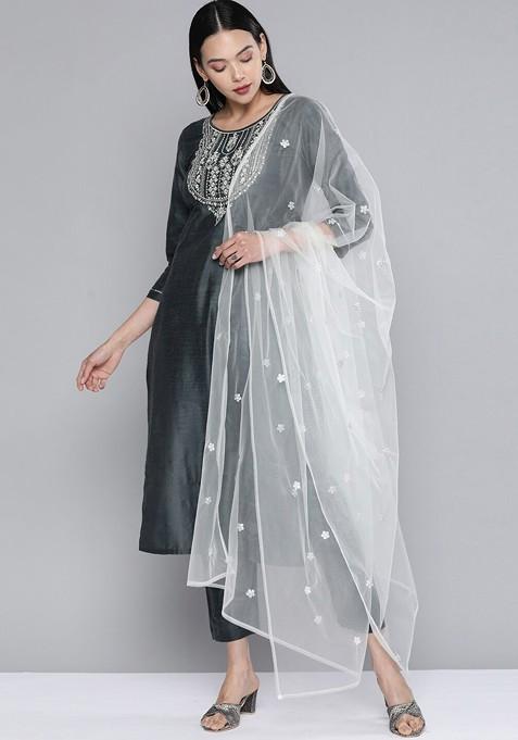 Grey Embroidered Blended Straight Kurta Set
