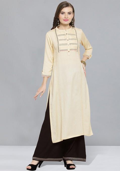 Cream Embroidered Band Collar Kurta With Palazzos
