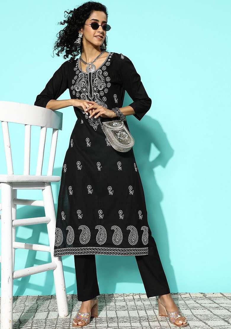 Black Embroidered Blended Straight Kurta Set - Indya