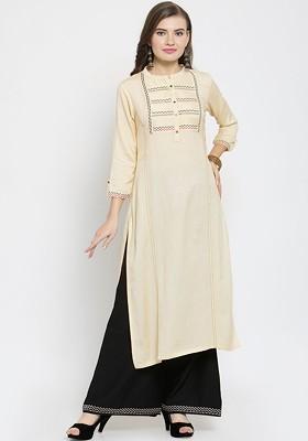 Cream Embroidered Regular Thread Work Raw Silk Kurta With Palazzos
