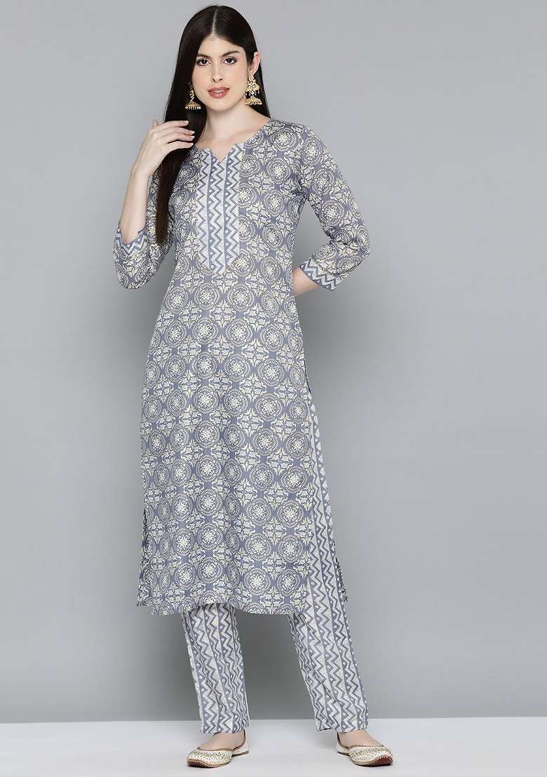 Grey Printed Blended Straight Kurta Set - Indya
