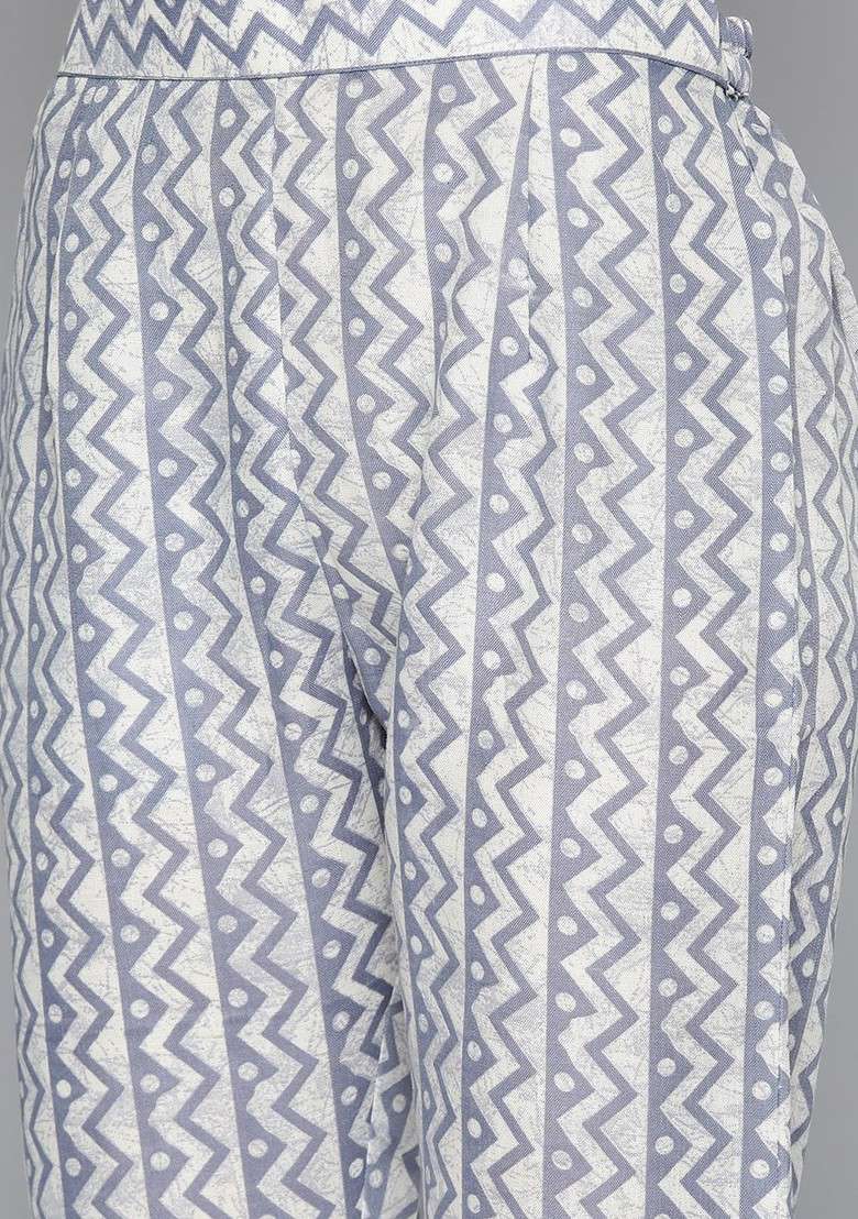 Grey Printed Blended Straight Kurta Set - Indya