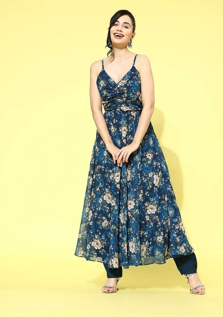 Blue Floral Print Blended Anarkali Set - Indya