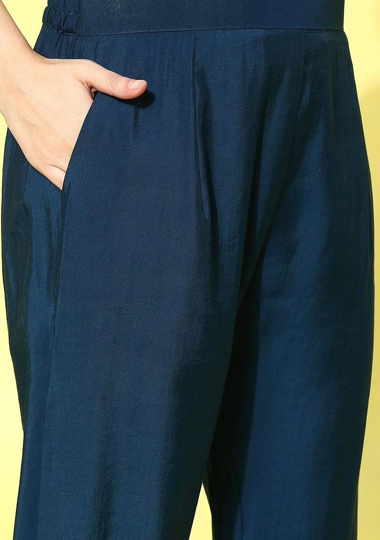 Blue Floral Print Pleated Kurta With Trousers