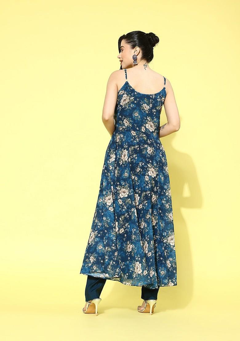 Blue Floral Print Pleated Kurta With Trousers