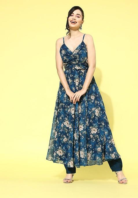 Blue Floral Print Pleated Kurta With Trousers