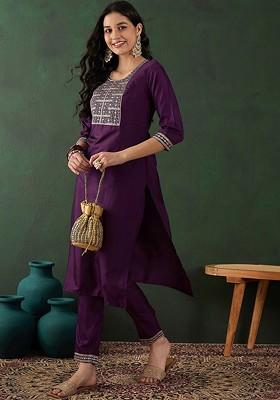 Purple Embroidered Straight Kurta With Trouser