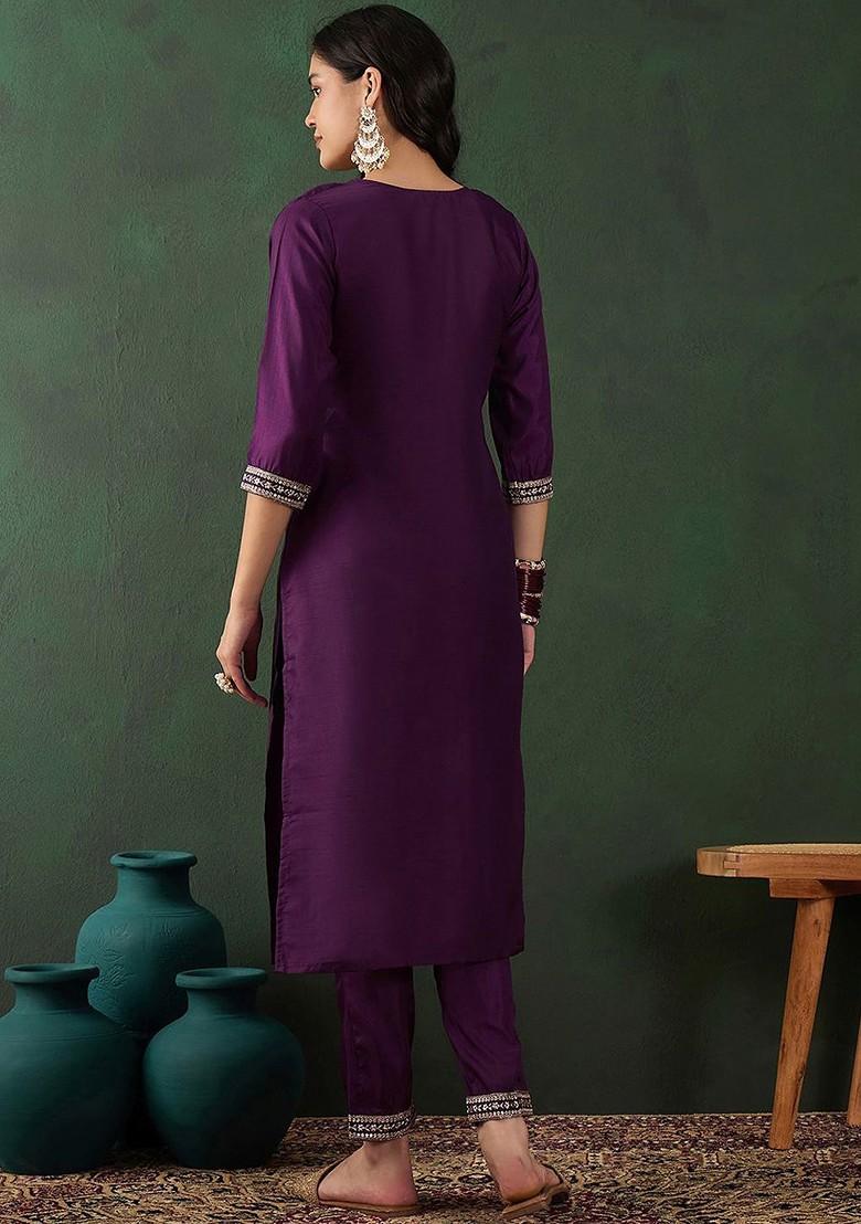 Purple Embroidered Straight Kurta With Trouser