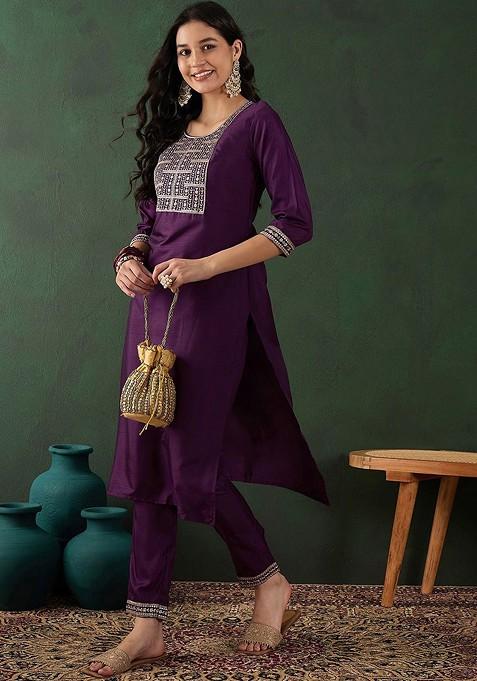 Purple Embroidered Straight Kurta With Trouser