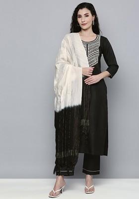 Black Embroidered Mirror Work Kurta With Trousers And Dupatta