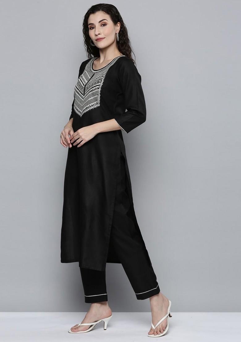 Black Embroidered Mirror Work Kurta With Trousers And Dupatta