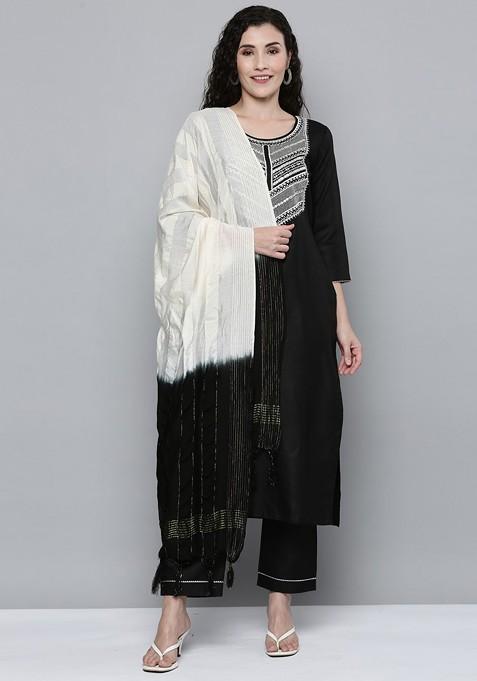 Black Embroidered Mirror Work Kurta With Trousers And Dupatta