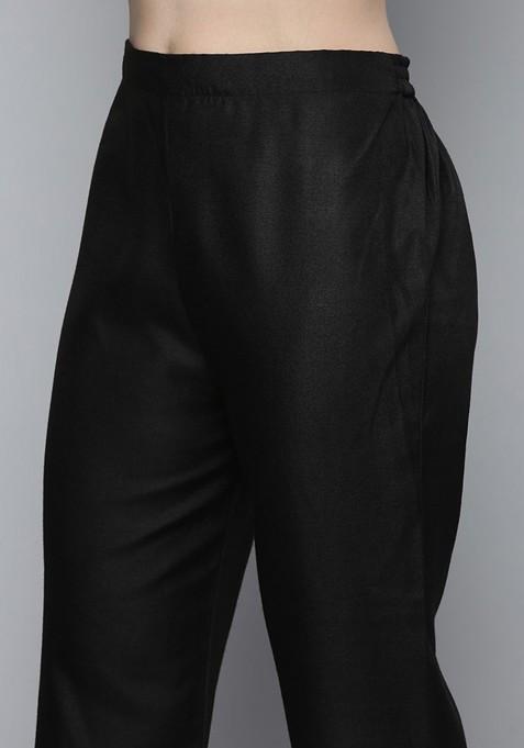 Black Embroidered Mirror Work Kurta With Trousers And Dupatta