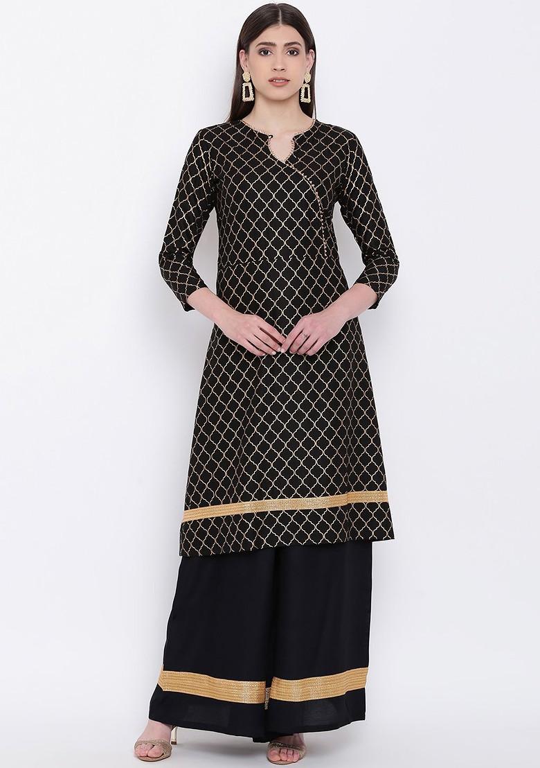 Black And Gold Toned Printed Kurta With Palazzos
