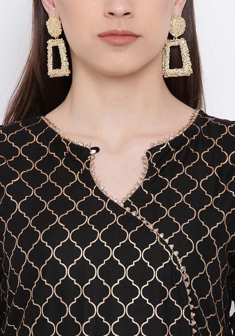 Black And Gold Toned Printed Kurta With Palazzos