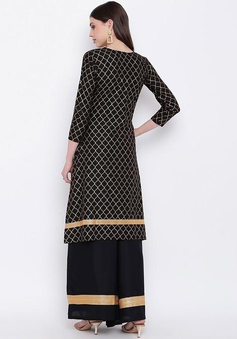 Black And Gold Toned Printed Kurta With Palazzos