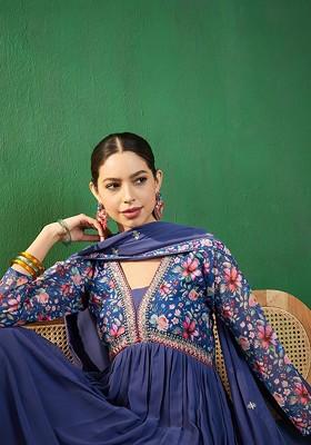 Blue Yoke Design Printed Georgette A Line Empire Kurta With Trousers And Dupatta