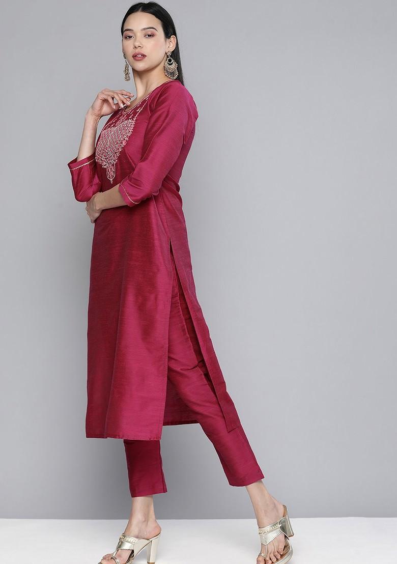 Magenta Ethnic Motifs Yoke Design Regular Kurta With Trousers And With Dupatta