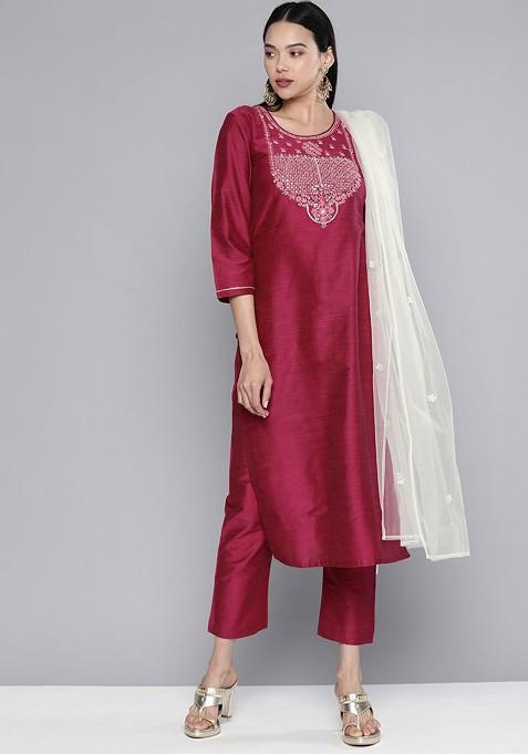 Magenta Ethnic Motifs Yoke Design Regular Kurta With Trousers And With Dupatta