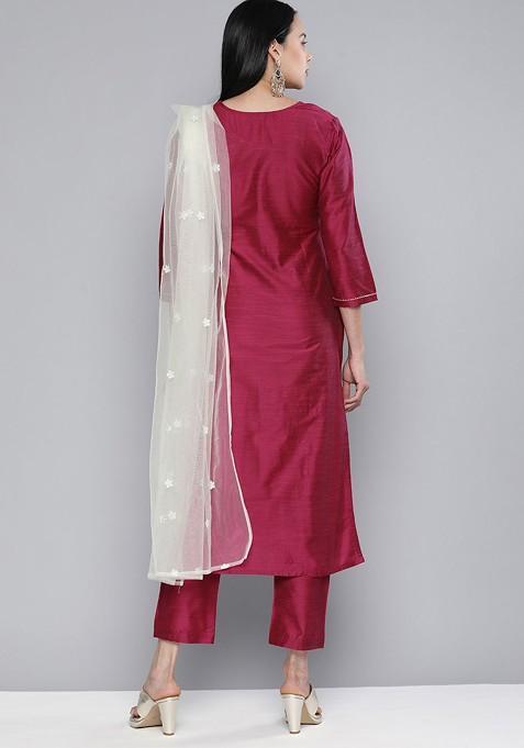 Magenta Ethnic Motifs Yoke Design Regular Kurta With Trousers And With Dupatta