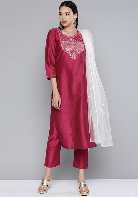 Magenta Yoke Design Layered Sequin Kurta With Trousers And With Dupatta