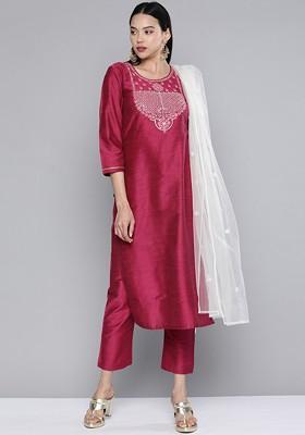 Pink Floral Yoke Design Mirror Work Kurta With Trousers And With Dupatta