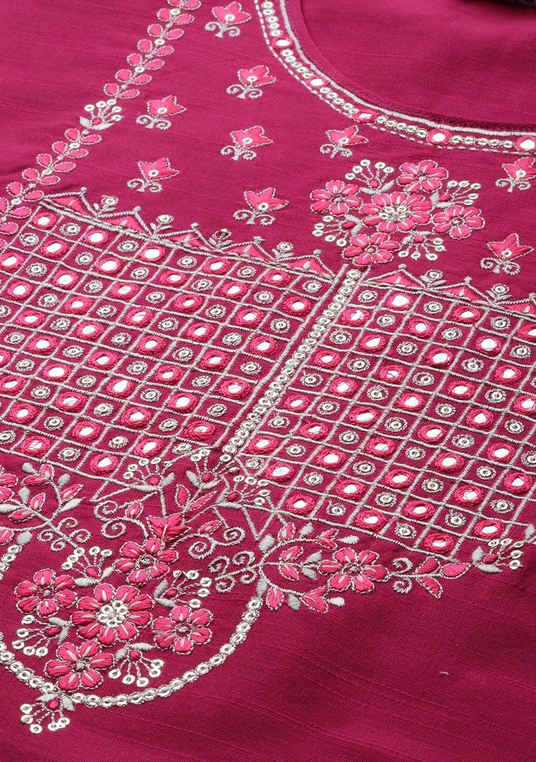 Pink Floral Yoke Design Mirror Work Kurta With Trousers And With Dupatta