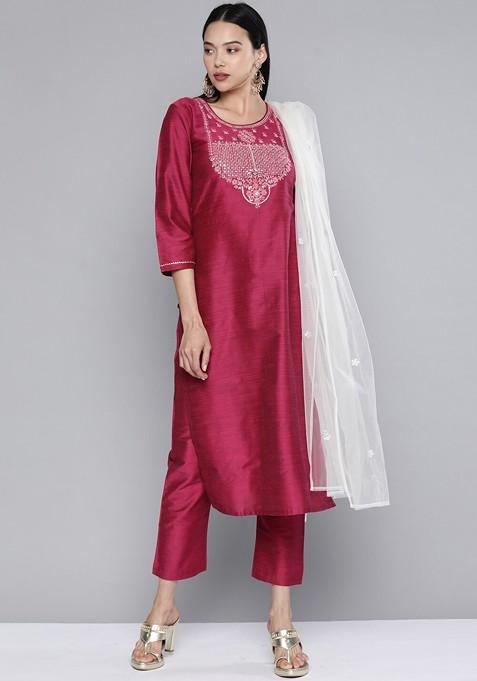 Pink Floral Yoke Design Mirror Work Kurta With Trousers And With Dupatta
