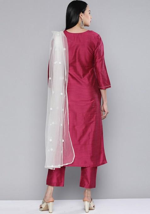 Pink Floral Yoke Design Mirror Work Kurta With Trousers And With Dupatta