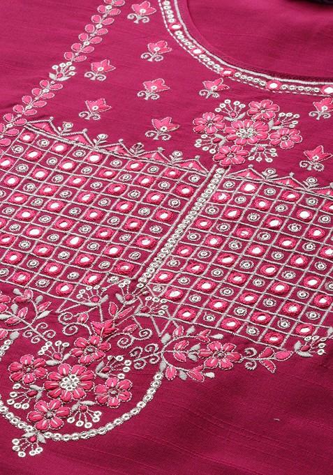 Pink Floral Yoke Design Mirror Work Kurta With Trousers And With Dupatta