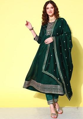 Green Floral Embroidered Regular Sequin Anarkali Kurta With Trousers And Dupatta
