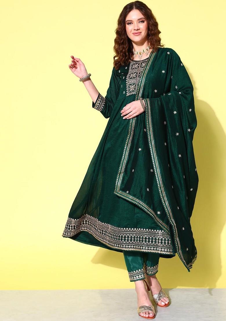 Green Floral Embroidered Regular Sequin Anarkali Kurta With Trousers And Dupatta - Indya