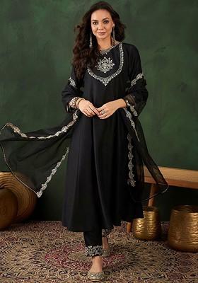 Black Floral Embroidered Zari A Line Kurta With Trouser And Dupatta