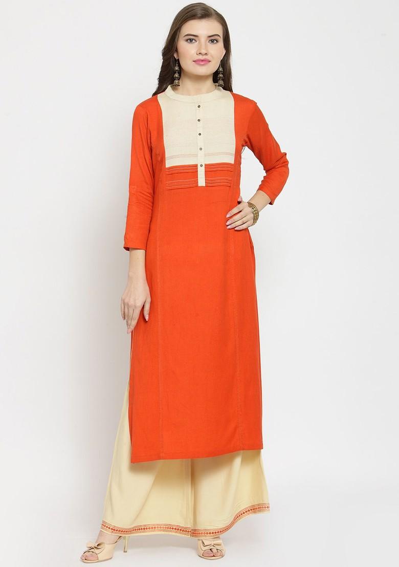 Orange Colour Blocked Regular Kurta With Palazzos - Indya