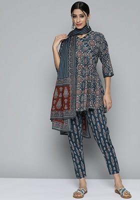Teal Blue And Maroon Printed Angrakha Pure Cotton Kurta With Trousers And Dupatta