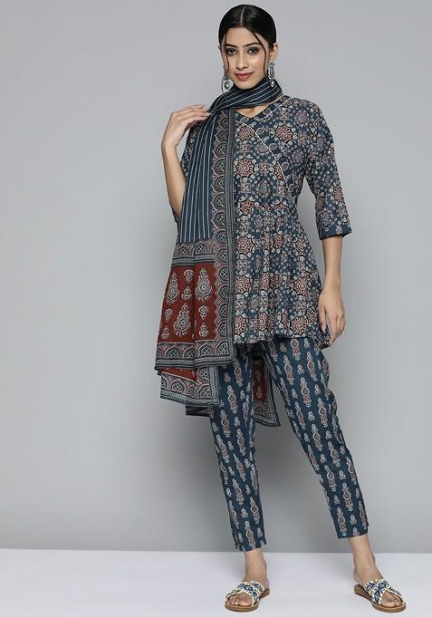 Teal Blue Printed Cotton A Line Kurta Set — view on Indya